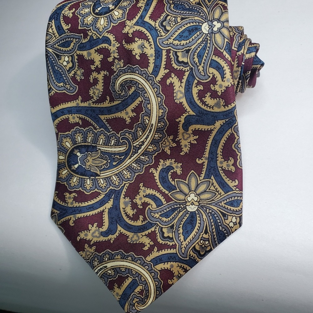 Hastings Bay Mens Silk Necktie Burgundy NavyBlue Gold Paisley Floral Made in USA